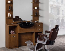 Wood barber wet cabinet salon station styling mirror table with shampoo basin