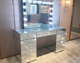 Stock in US Glass Cosmetic Beauty Hollywood Vanity Led TV Makeup Mirror Styling Station Dressing Table Set