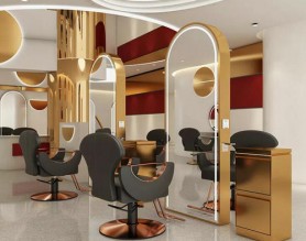 Custom Barber  Glass Beauty Lighted Mirror Hairdressing Vanity Table Styling Station double sided mirror Salon Makeup Standing Walled Mirror with chair and LED